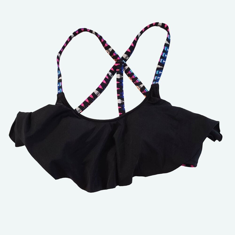 Victoria's Secret PINK Bikini Top Black & Pink Colorful Straps Ruffle Detail S